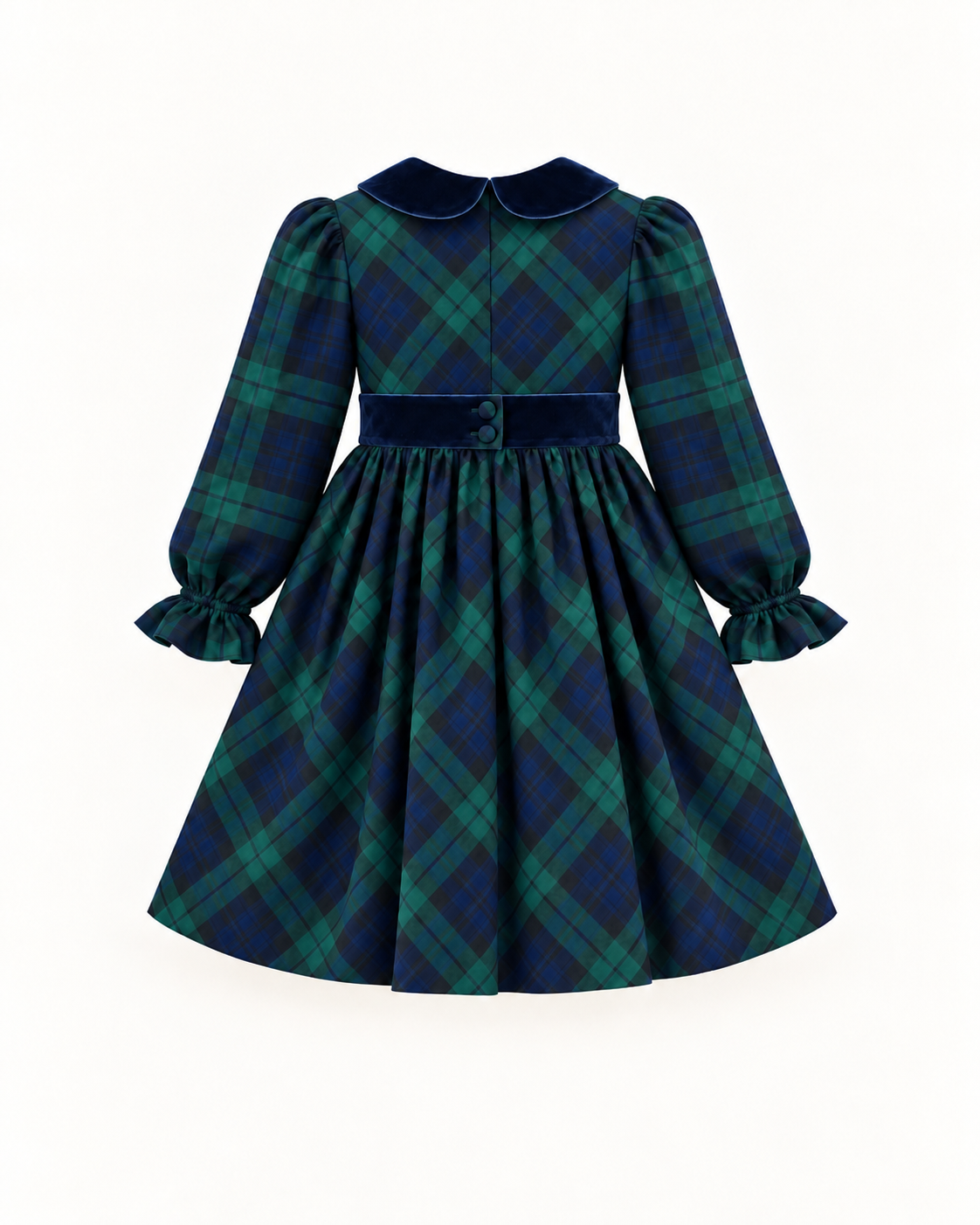 Vestido De Tartan Escocês Azul E Verde Com Veludo Azul Marinho