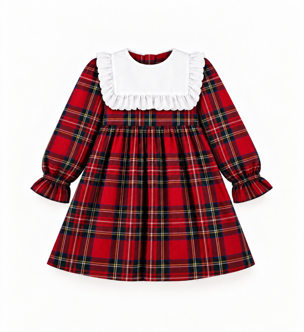 Vestido Em Tartan Com Gola Branca Quadrada E Com Folho