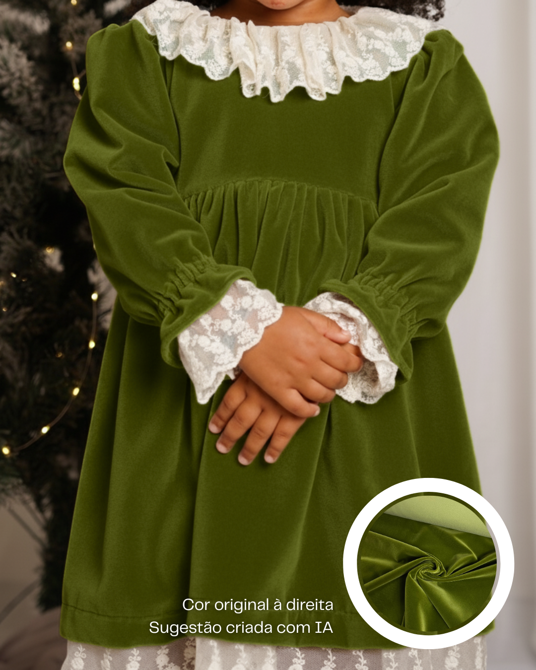 Vestido de veludo com renda na gola, punhos e fundo
