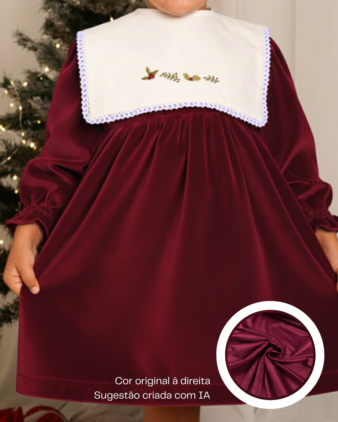 Vestido de veludo com gola bordada amovível