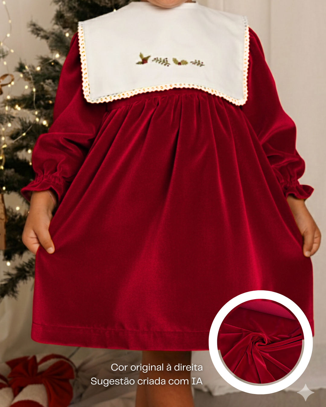 Vestido de veludo com gola bordada amovível