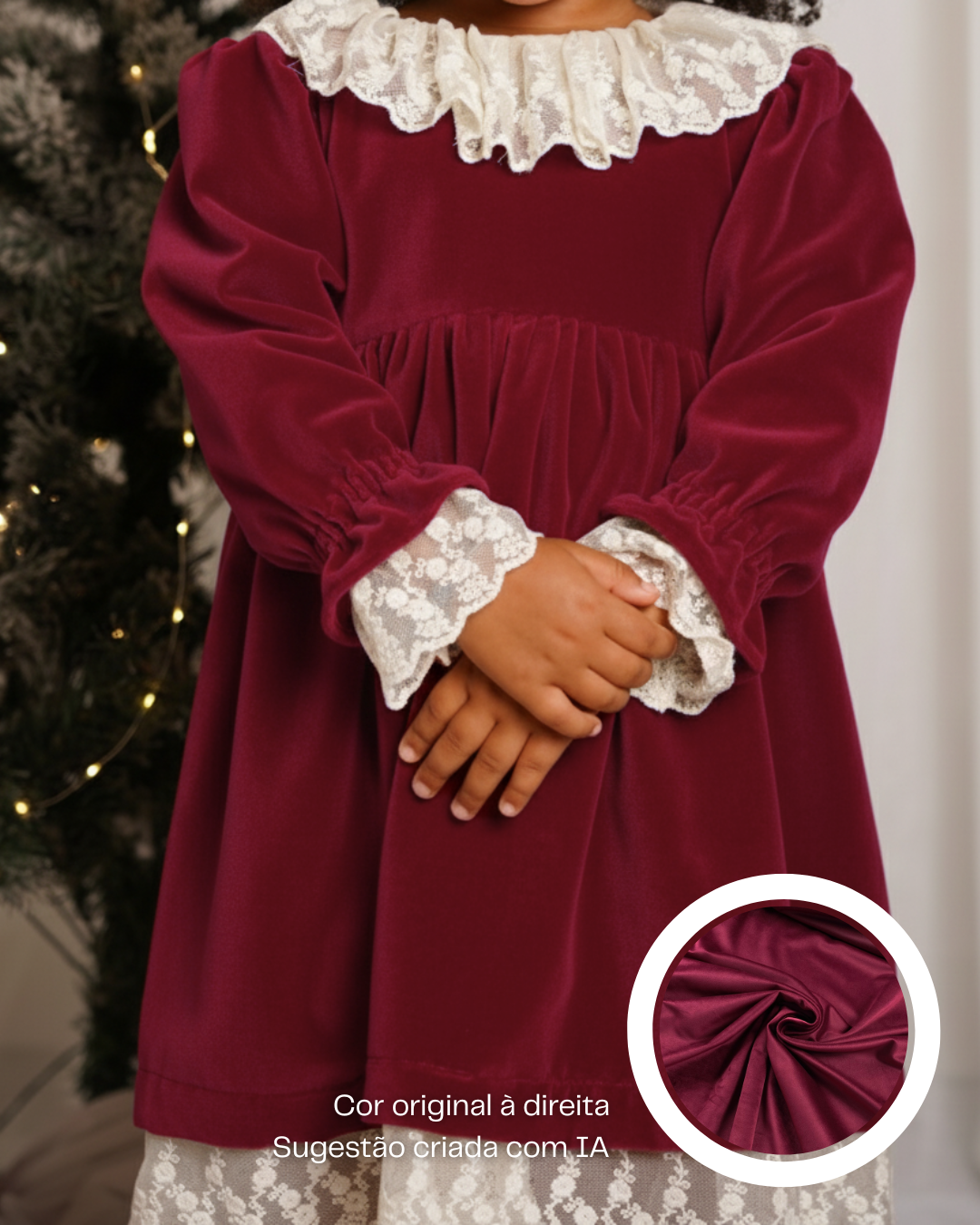 Vestido de veludo com renda na gola, punhos e fundo