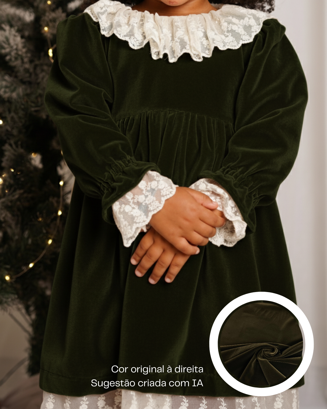 Vestido de veludo com renda na gola, punhos e fundo
