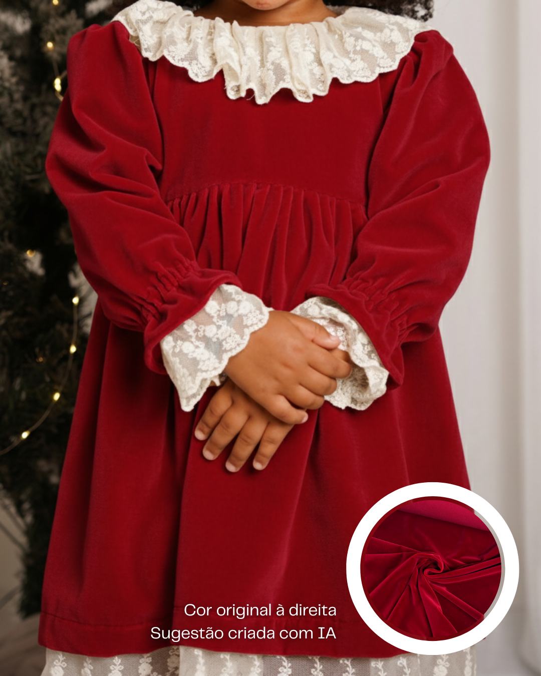 Vestido de veludo com renda na gola, punhos e fundo