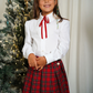 Saia de tartan com folhos e detalhe em couro