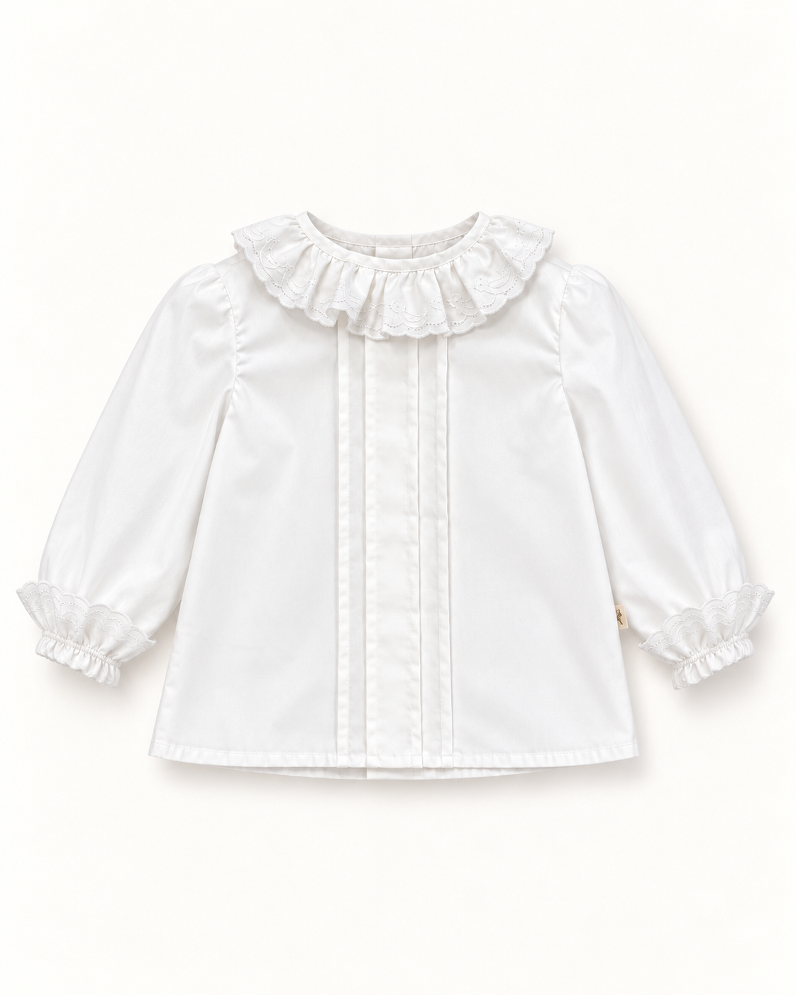 Blusa De Algodão Com Gola E Punhos Bordados e Nervuras No Peito