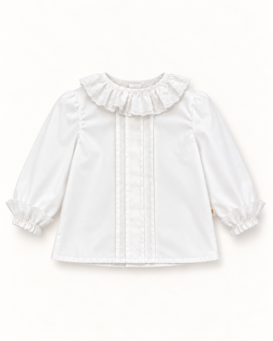 Blusa De Algodão Com Gola E Punhos Bordados e Nervuras No Peito