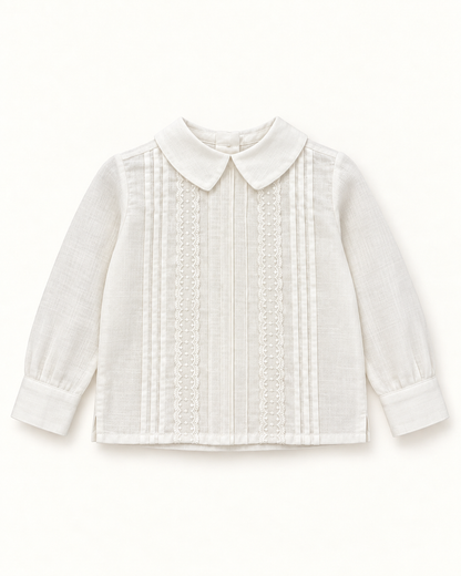 Camisa De Linho Branco Cru Com Nervuras E Renda