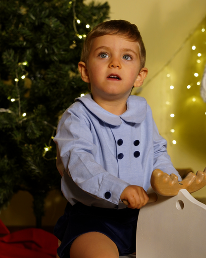 Camisa azul clara com botões de veludo