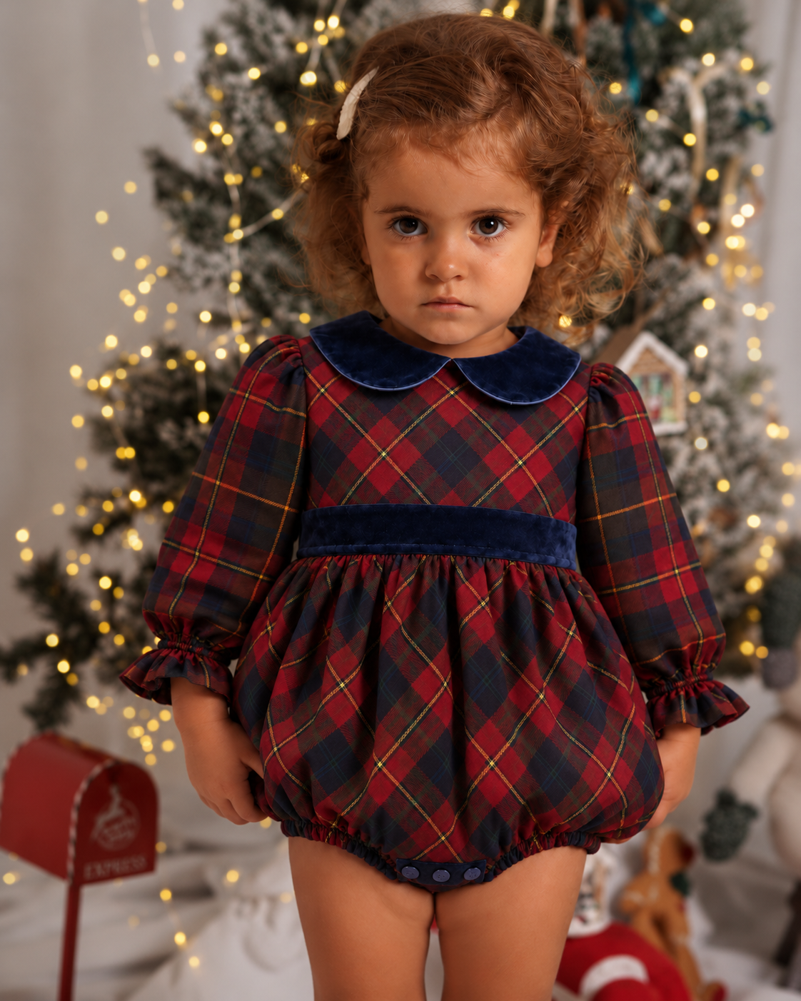 Fofo Em Tartan Vermelho Sangue e Azul Com Detalhes de Veludo