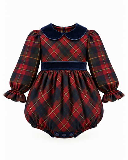 Fofo Em Tartan Vermelho Sangue e Azul Com Detalhes de Veludo