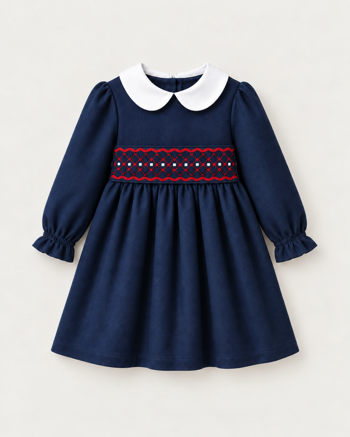Vestido De Sarja Azul Marinho Com Faixa de Favos Trabalhada À Mão E Laço Atrás