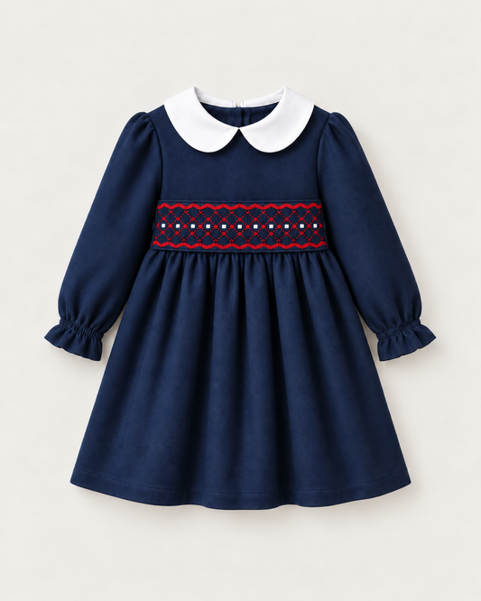Vestido De Sarja Azul Marinho Com Faixa de Favos Trabalhada À Mão E Laço Atrás