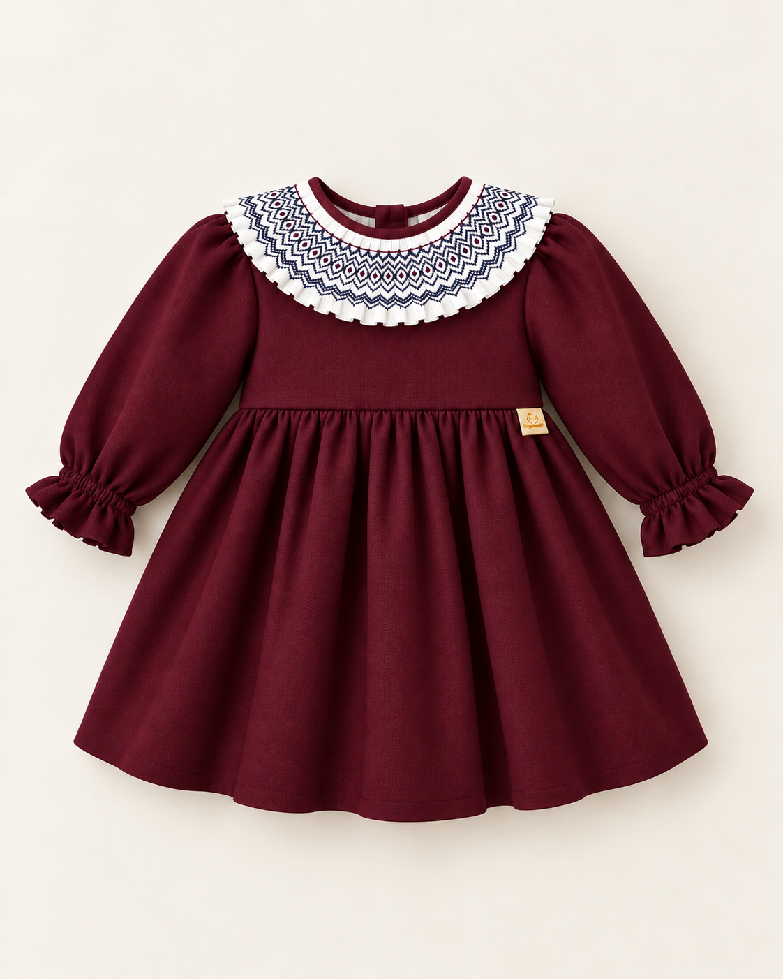 Vestido De Sarja Bordeaux Com Gola de Favos Trabalhada À Mão