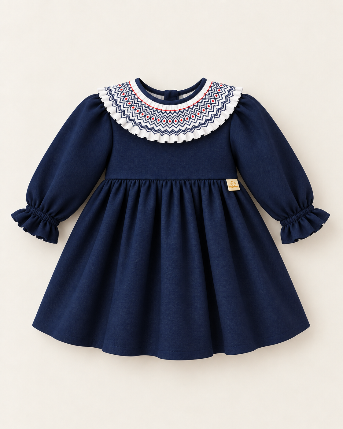Vestido De Sarja Azul Marinho Com Gola de Favos Trabalhada À Mão