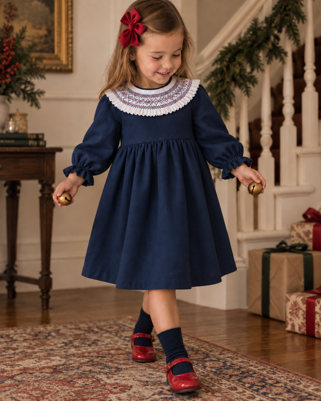Vestido De Sarja Azul Marinho Com Gola de Favos Trabalhada À Mão