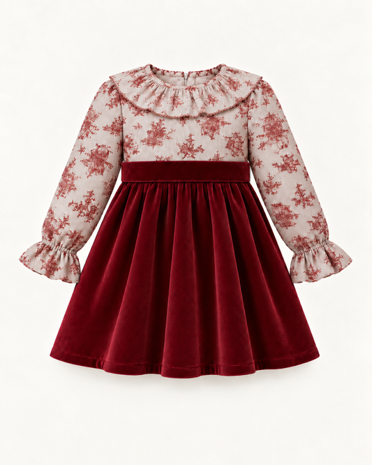Vestido Com Padrão Tons Bordeaux E Veludo Bordeaux Com Laço Atrás