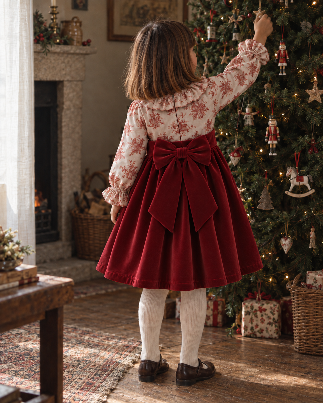 Vestido Com Padrão Tons Bordeaux E Veludo Bordeaux Com Laço Atrás