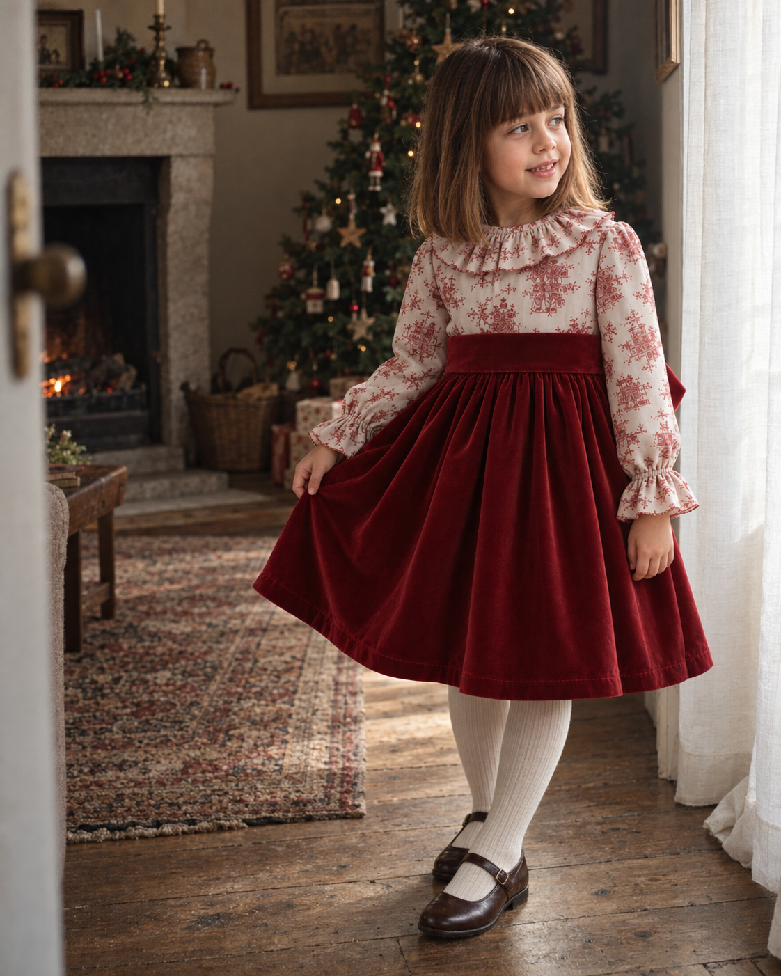 Vestido Com Padrão Tons Bordeaux E Veludo Bordeaux Com Laço Atrás