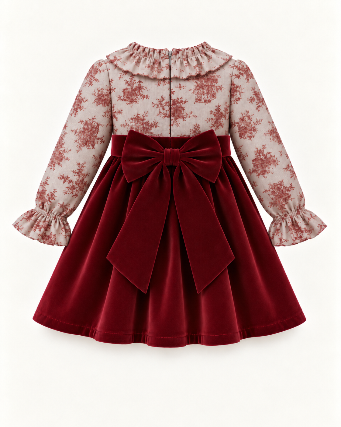 Vestido Com Padrão Tons Bordeaux E Veludo Bordeaux Com Laço Atrás