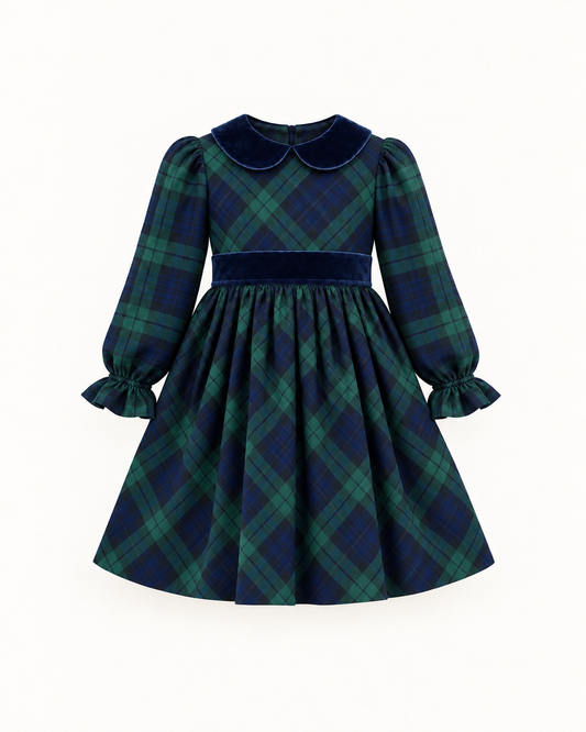 Vestido De Tartan Escocês Azul E Verde Com Veludo Azul Marinho