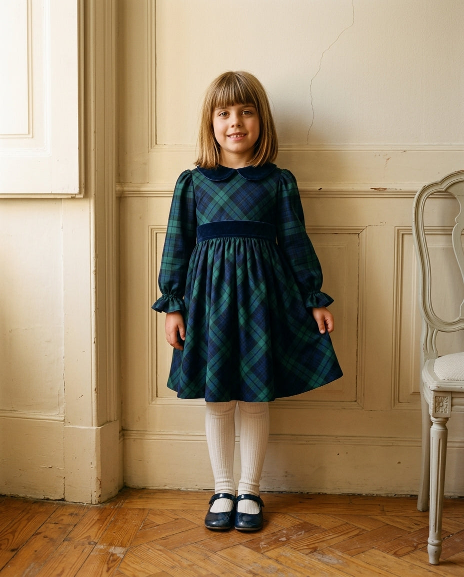 Vestido De Tartan Escocês Azul E Verde Com Veludo Azul Marinho