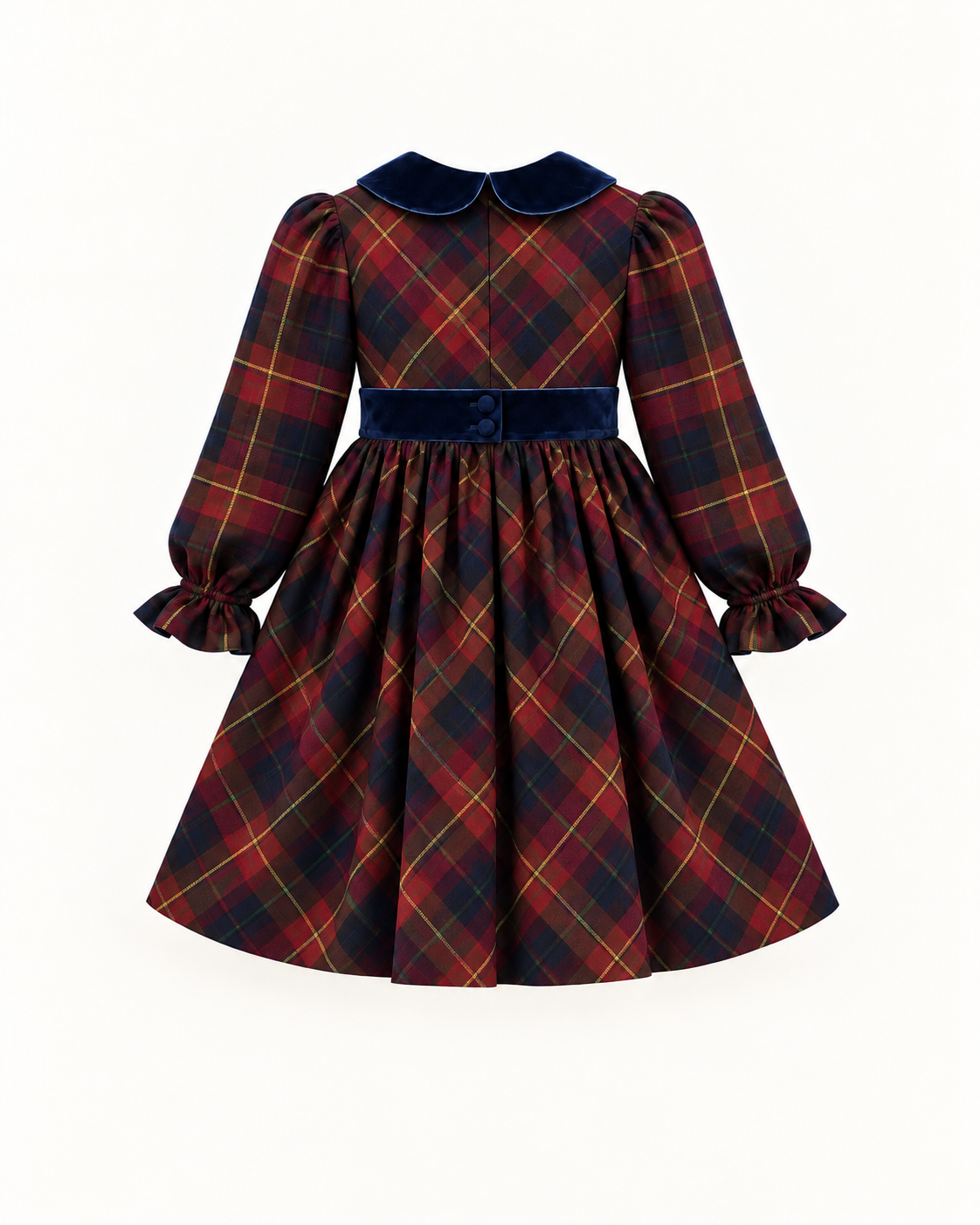 Vestido De Tartan Escocês Azul E Vermelho Sangue Com Veludo Azul Marinho