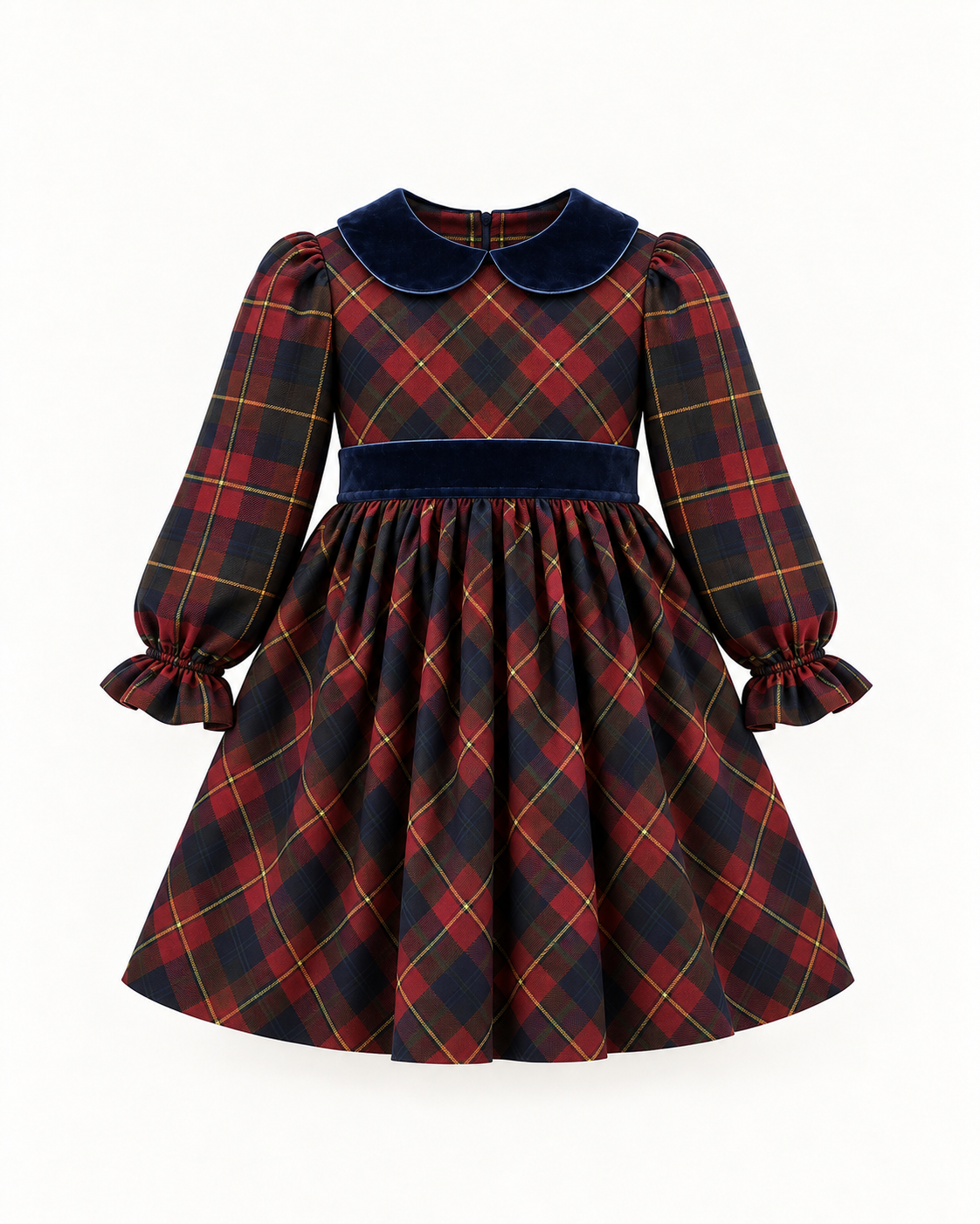 Vestido De Tartan Escocês Azul E Vermelho Sangue Com Veludo Azul Marinho