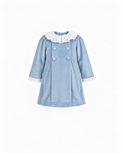 Vestido De Veludo Com Bordado Inglês E Com Botões Forrados