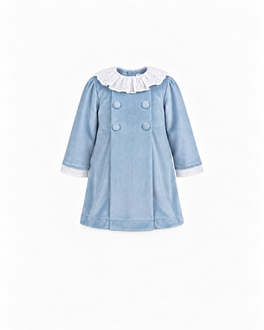 Vestido De Veludo Com Bordado Inglês E Com Botões Forrados