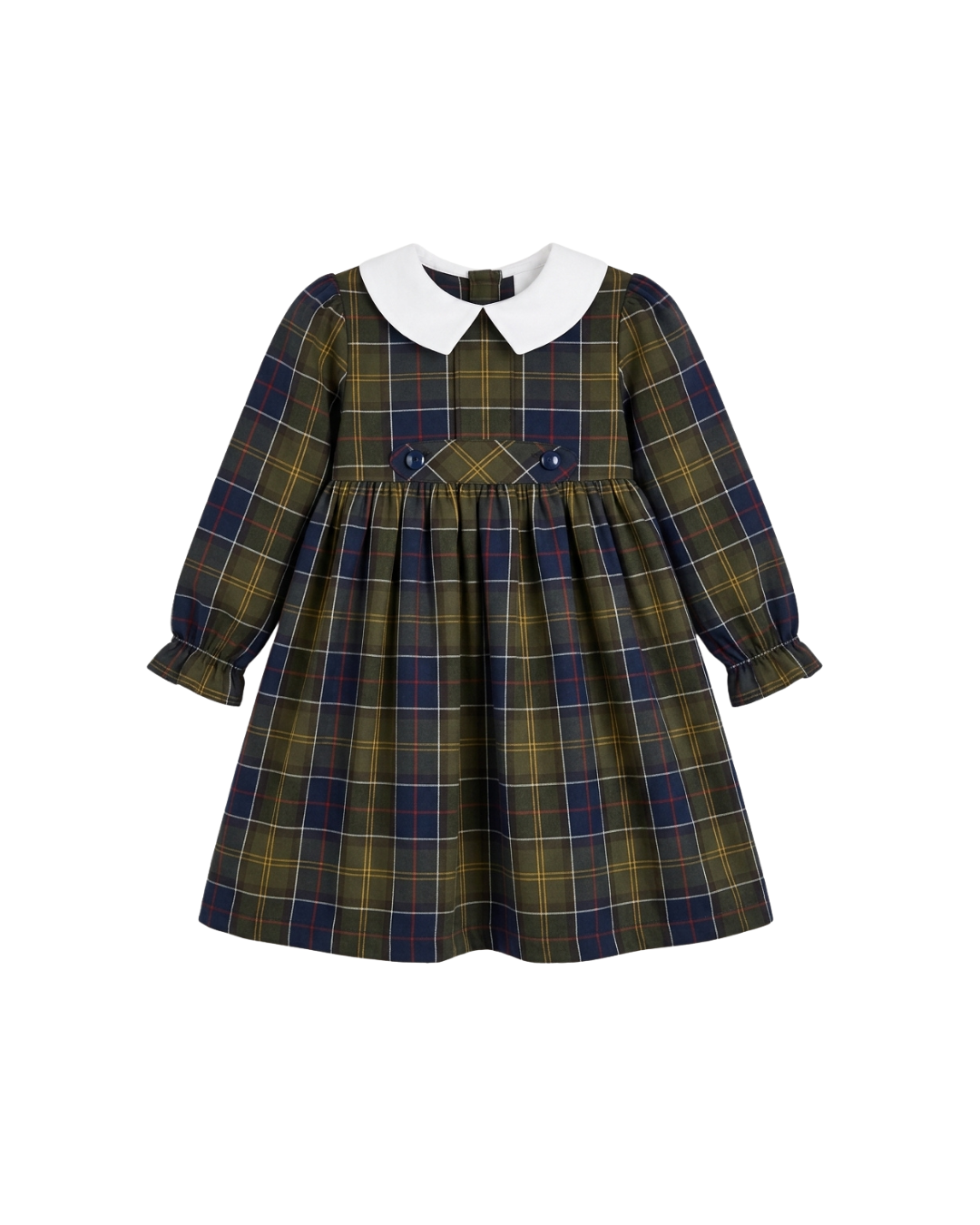 Vestido De Xadrez Verde Azeitona E Azul Escuro Com Gola Branca