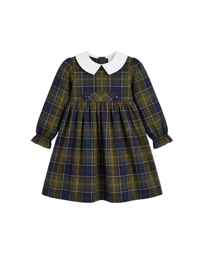 Vestido De Xadrez Verde Azeitona E Azul Escuro Com Gola Branca