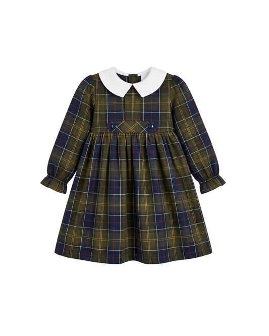 Vestido De Xadrez Verde Azeitona E Azul Escuro Com Gola Branca