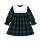 Vestido Em Tartan Com Gola Branca Quadrada E Com Folho