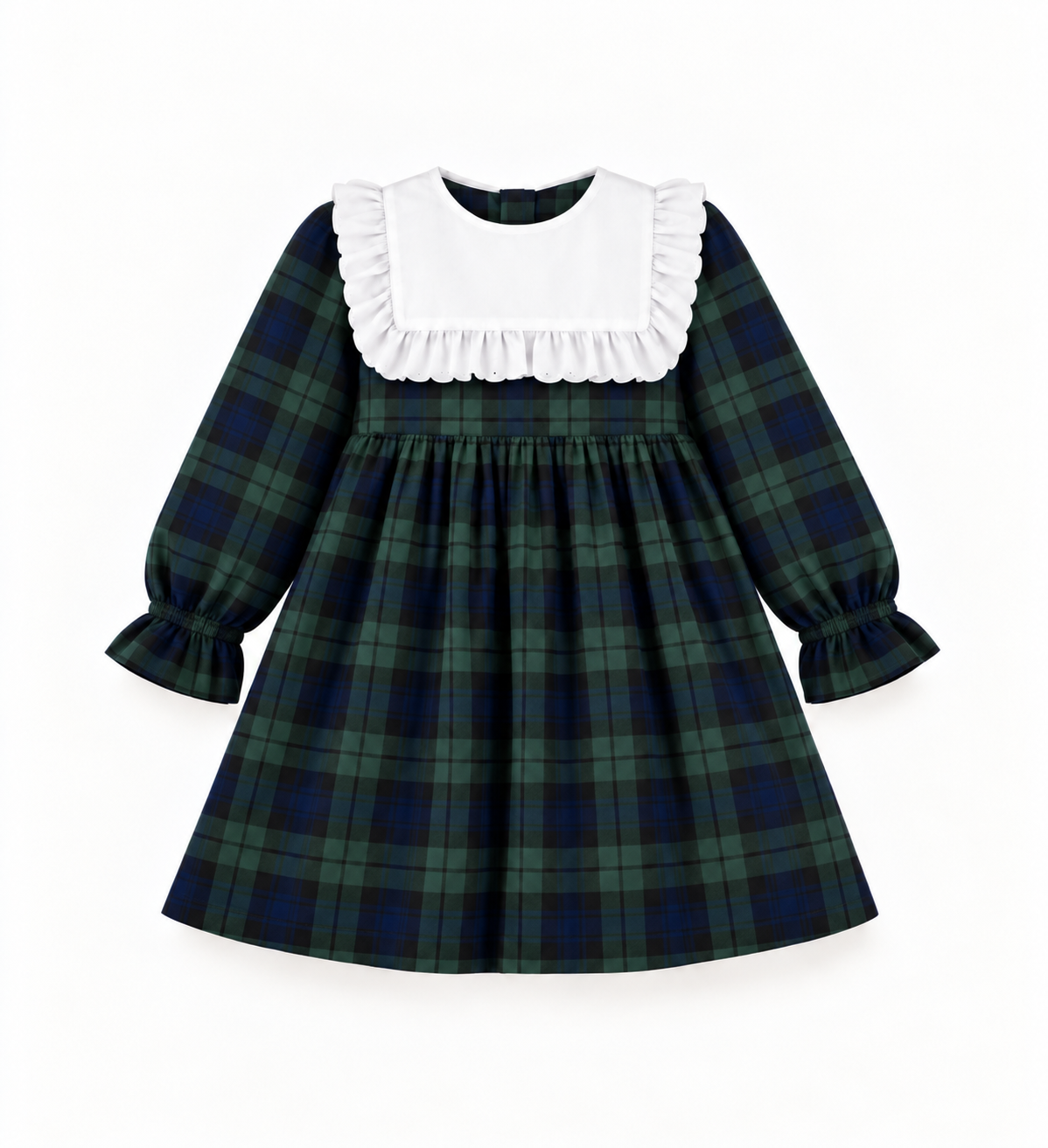 Vestido Em Tartan Com Gola Branca Quadrada E Com Folho