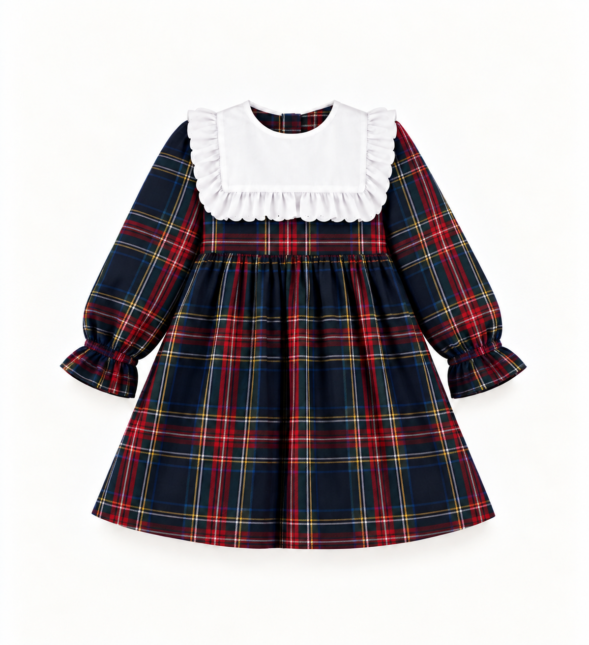 Vestido Em Tartan Com Gola Branca Quadrada E Com Folho