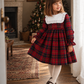 Vestido Em Tartan Com Gola Branca Quadrada E Com Folho