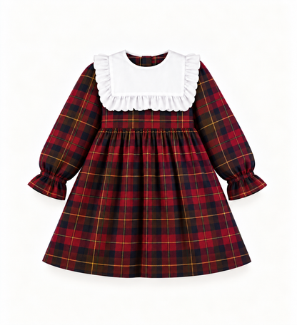 Vestido Em Tartan Com Gola Branca Quadrada E Com Folho